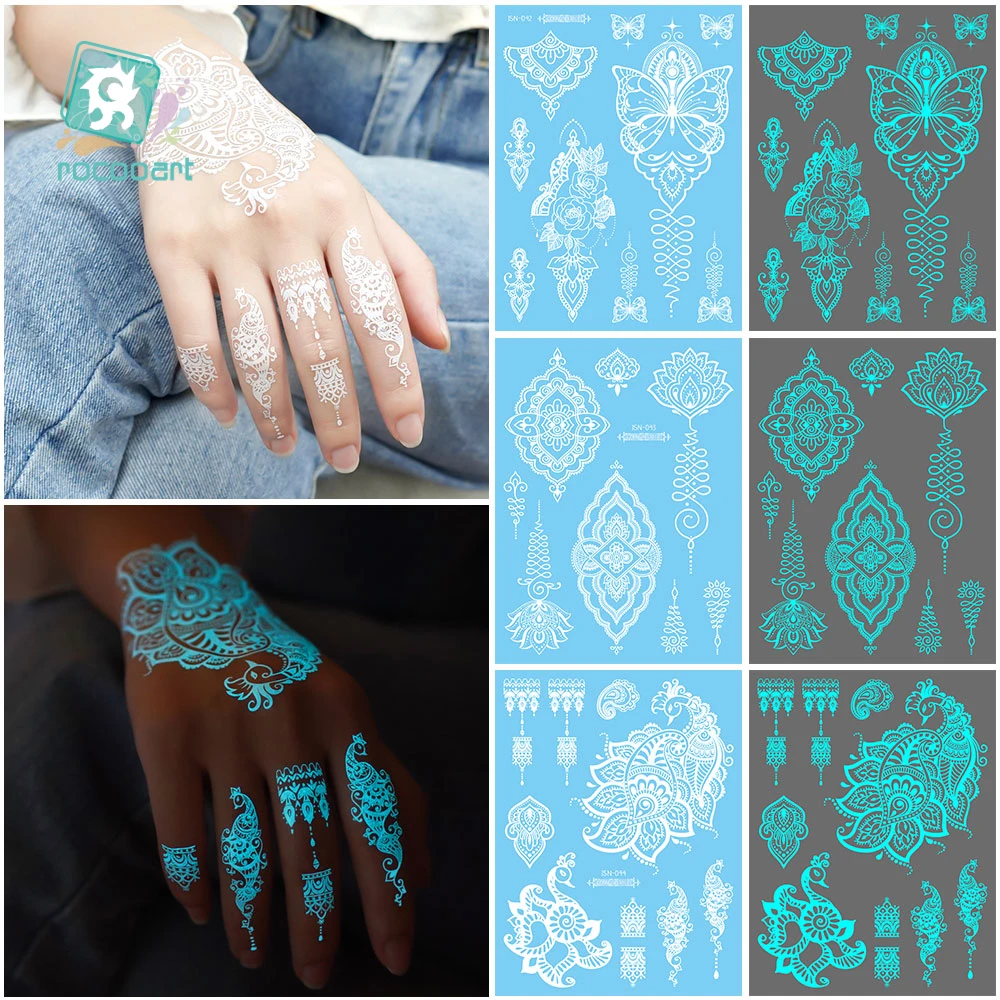 

10Sheets Popular Waterproof White Lace Luminous Temporary Henna Tattoo Sticker For Hands Feet