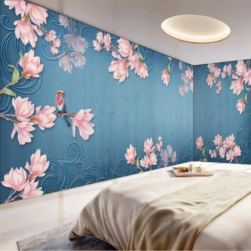 

3D Photo Mural European Retro Style Branches Magnolia Flowers Bird Blue Wallpaper Bedroom Living Room TV Wall Home Decor