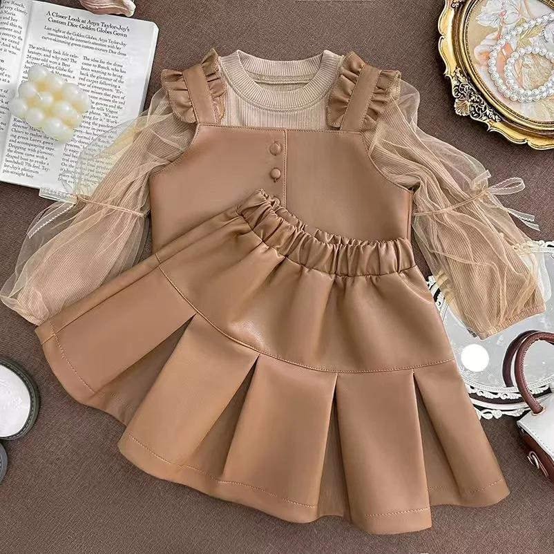 2024New Girls\' Autumn Western Style Little Girls\' Leather Two-Piece Suit Fashionable Children\'s Bottoming Shirt Trendy