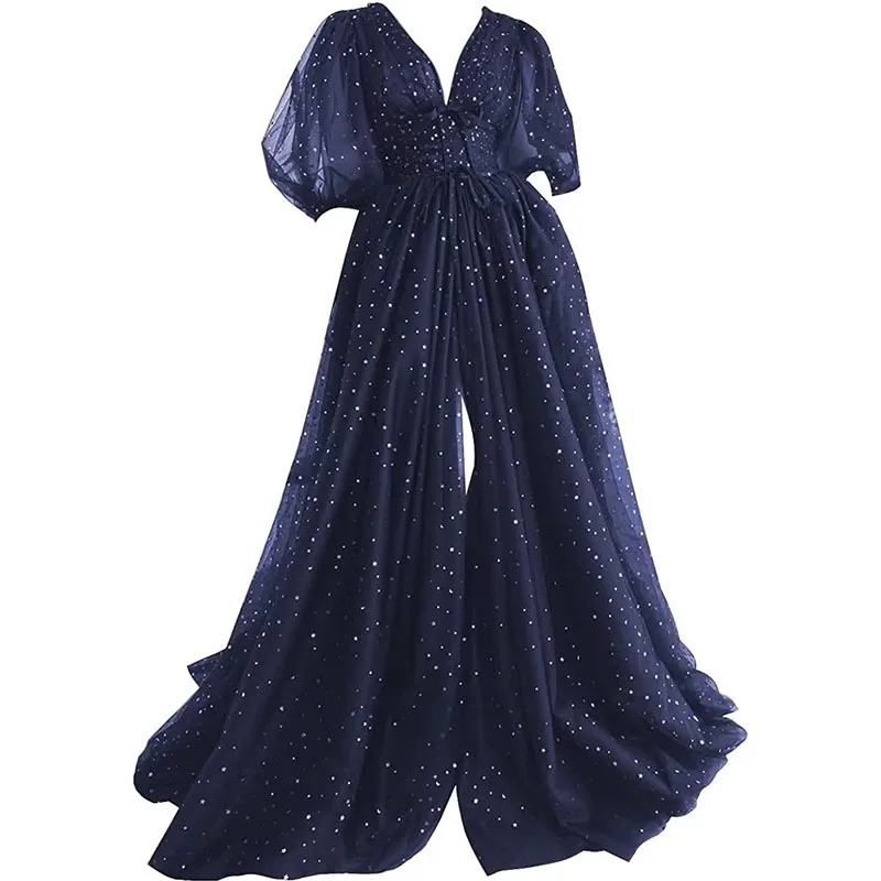 

Clothfun женские блестящие тюлевые платья для выпускного вечера со звездами и пышными рукавами, длинные вечерние платья больших размеров с разрезом Manmuxi