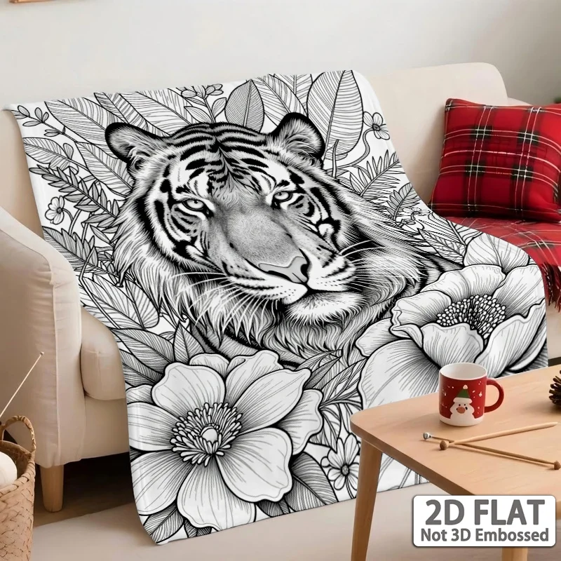 1pc 2D Flat Soft Cozy Throw Blanket, Intricate Tiger Surrounded by Floral Coloring‑Style Print, for Sofa,  Camping, Living Room
