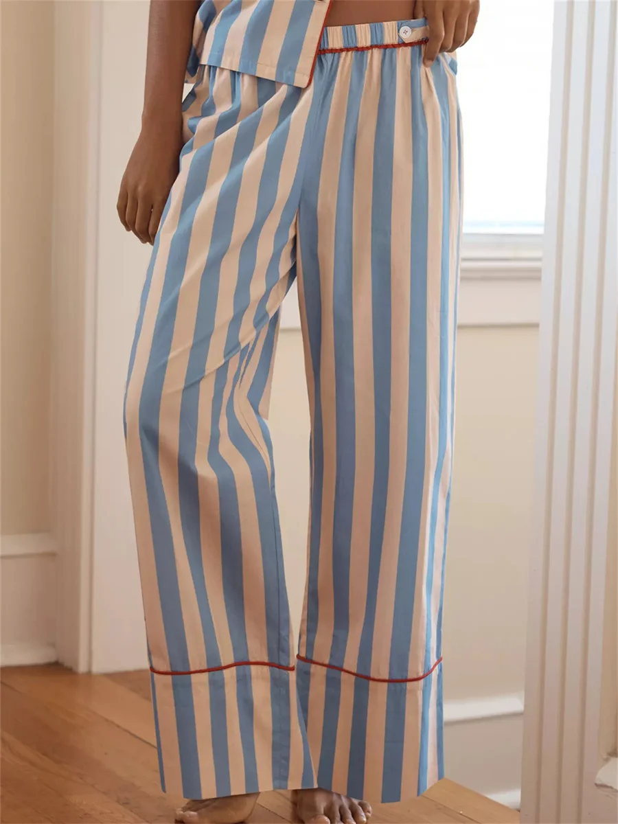 Women Striped 2 Piece Pajama Set Long Sleeve Button Down Blouse Wide Leg Lounge Pants Sets Summer Fashion Sleepwear