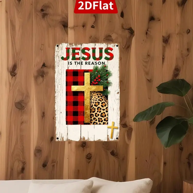 Letrero de metal navideño de Jesús: arte religioso de pared con cruz cuadros, letrero de aluminio de 8x12 pulgadas
