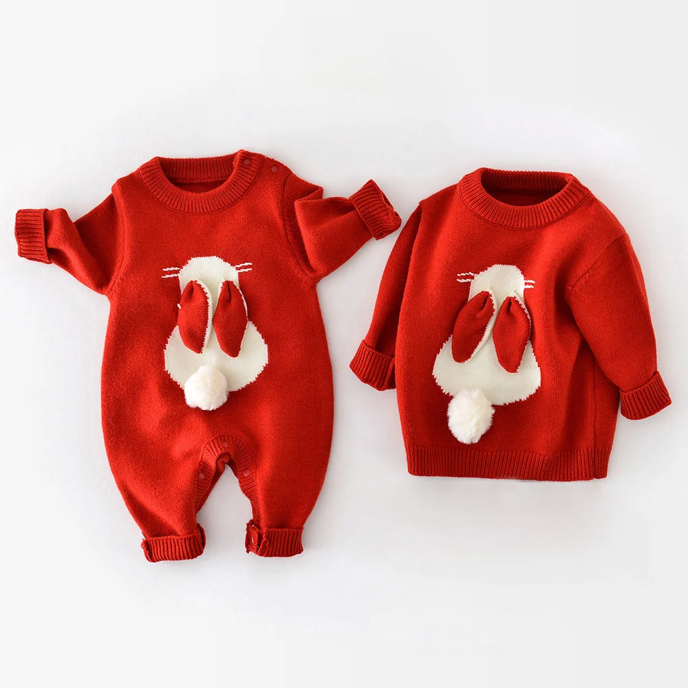 Christmas Newborn Romper Knitted Bunny Fall Winter Baby Jumpsuits for Girls Boys Clothes Newborn Onesie New Year Infant Outfit