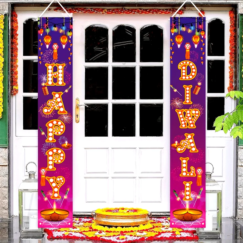 Lighting Decoration For Diwali - VIKAMA ディワリ用ドアバナー2枚セット、花火・ディヤランプ付きポーチサイン、ヒンドゥー教の光の祭典、玄関ドア用吊り下げパーティーデコレーション