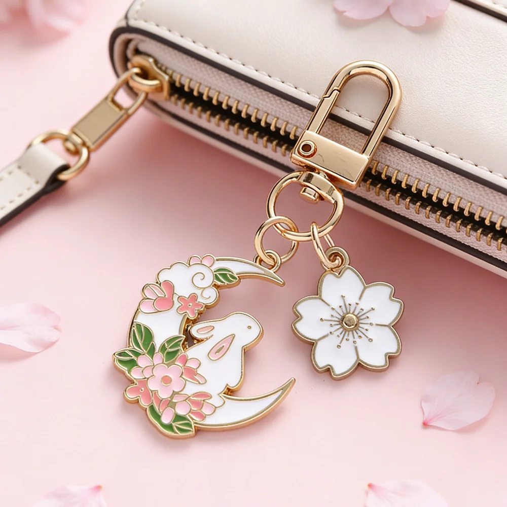 Mode Niedlichen Mond Kirsche Kaninchen Schlüsselbund für Frauen Süße Cartoon Emaille Gold Farbe Schlüssel Kette Tasche Auto Schlüssel Dekoration Mädchen Geschenk – Detail 1
