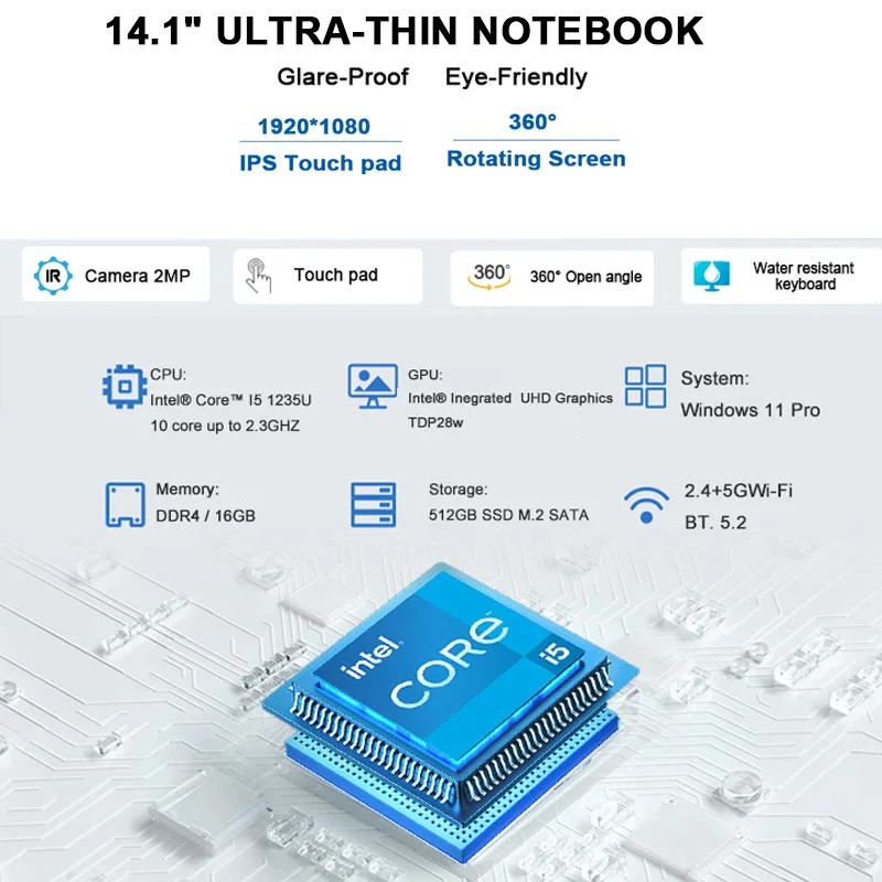 14.1 Inch Laptop Touch Screen Rotating 360 Degree Slim 2 In 1 I5 1235U 16GB DDR4 512GB SSD Business Computer Laptops