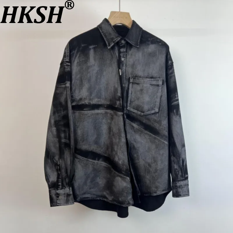 HKSH Spring Autumn New Men Trendy American Heavy Washed Vintage Graffiti Shirt Jacket Stylish Versatile Loose Casual Top HK16911