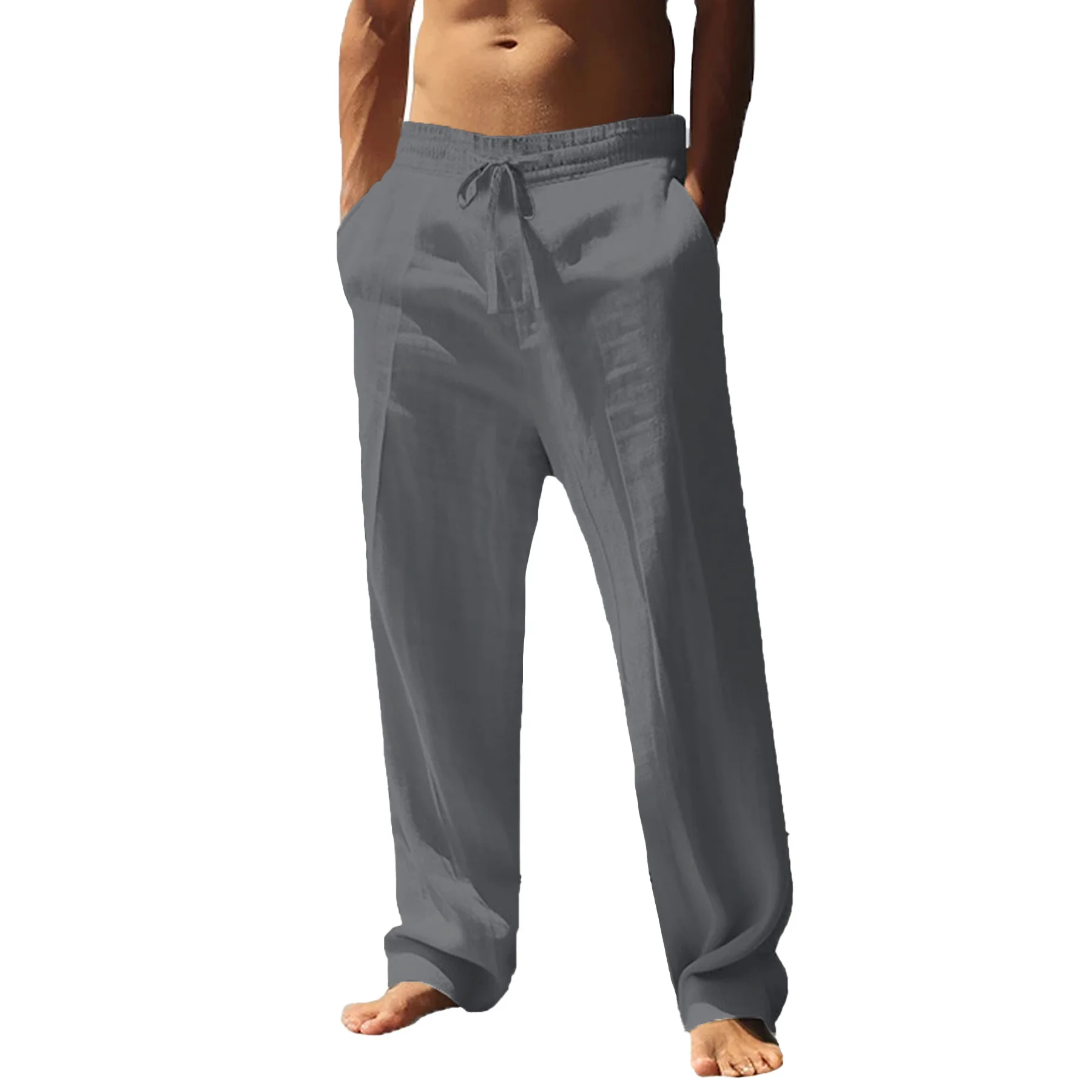 Men's Cotton Trousers Linen Fashion Solid Color Casual Pants Breathable Loose Shorts Straight Drawstring  Streetwear Men Pants
