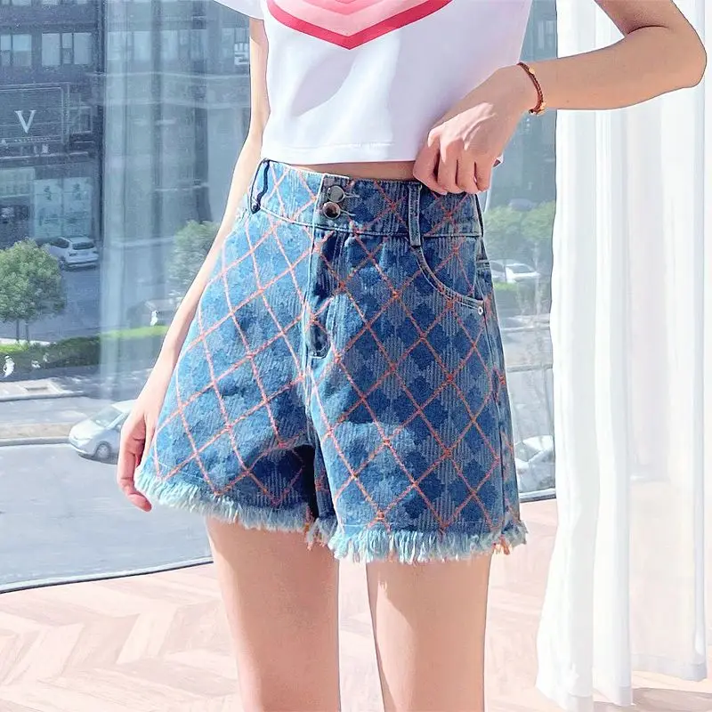 Pantaloncini di jeans scozzesi a vita alta Donna Estate Semplicità Office Lady Pantaloncini dritti casual allentati a gamba larga