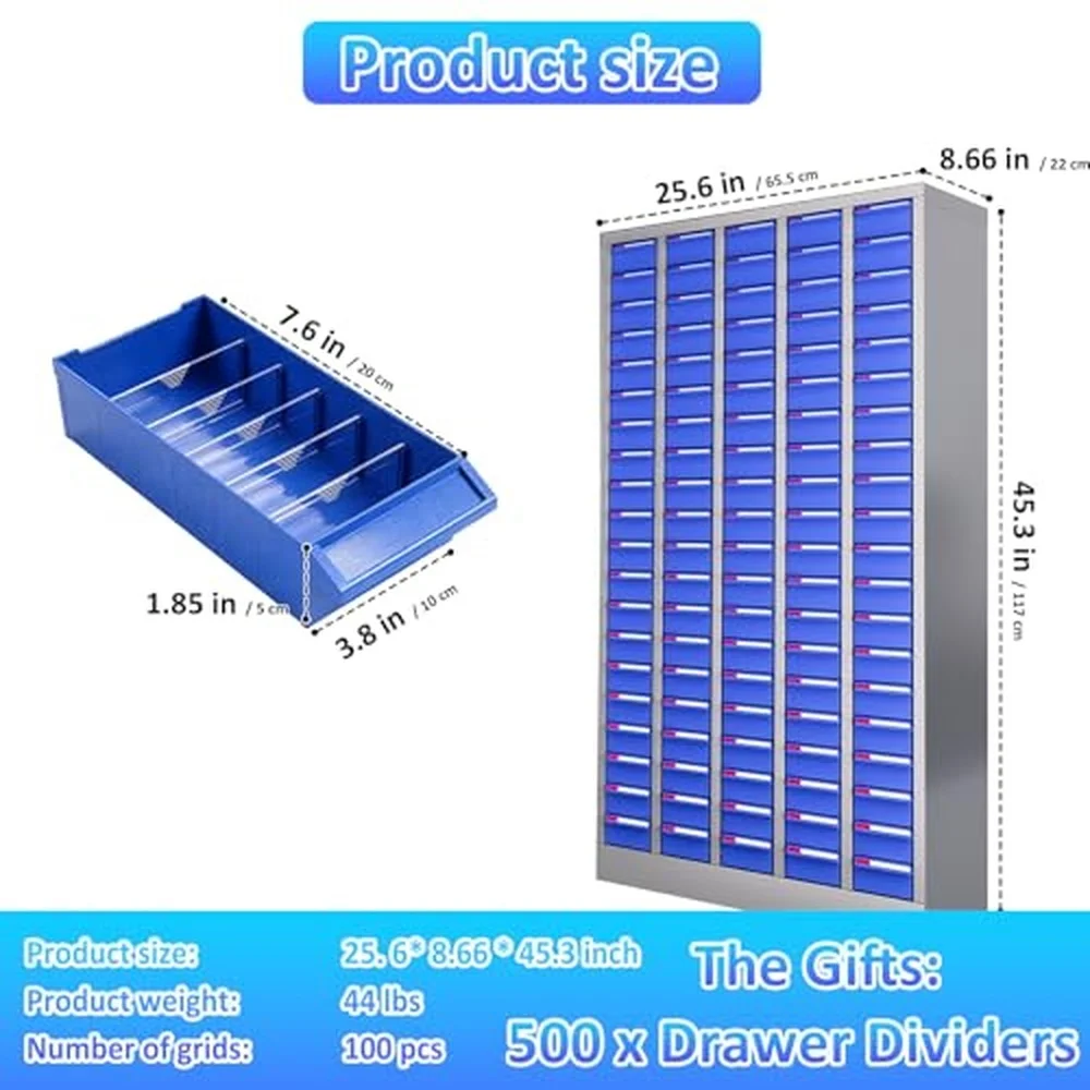 Parts Cabinet 100 Drawers Steel Hardware Organizer with Adjustable Dividers and Labels Wall Mount Tool Storage Cabinet
