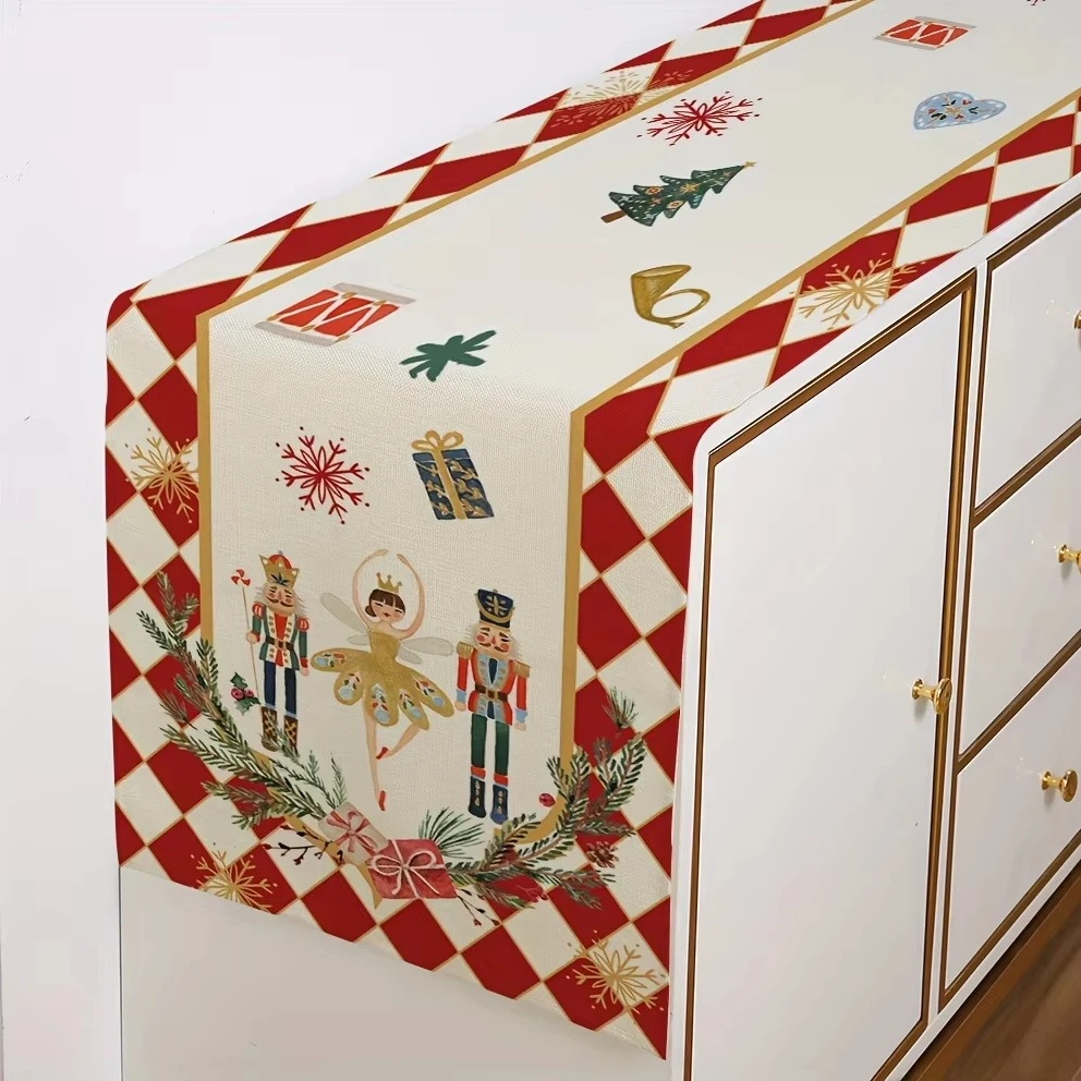 Christmas Nutcracker Linen Table Runner, Classic Xmas Dresser Scarf for Kitchen Dining Table Home Holiday Decorations