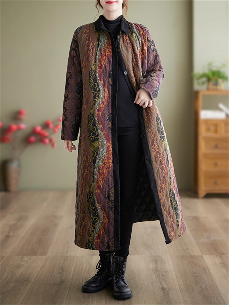 Winter Cotton Coat Ethnic Style Long Sleeved Single Breasted Women Patchwork Casual Loose Medium Length Wide-waisted Outerwear