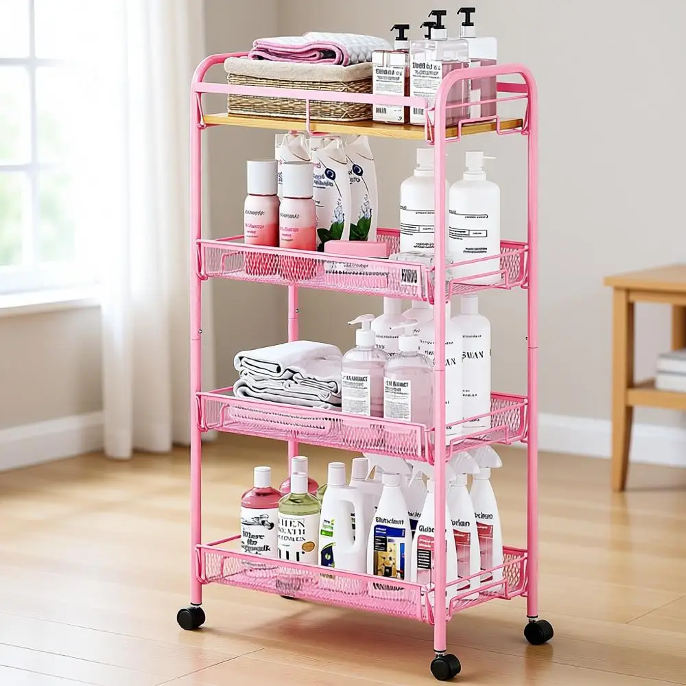 

4-Tier Metal Utility Cart with Wooden Top and Mesh Baskets for Kitchen, Bathroom, Laundry, and Dorm Storage