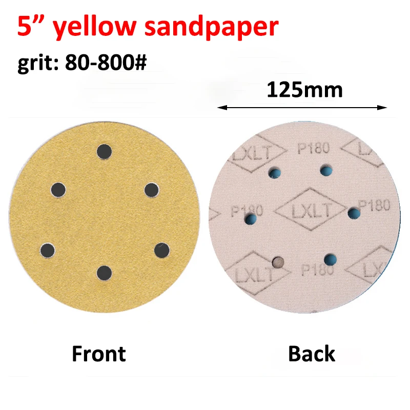 5pcs 5" 125mm Yellow Flocked Sandpaper Disc With 6-holes Grit 60-800# Hook&Loop Abrasive Grinding Polishing Pad for Dremel Tools