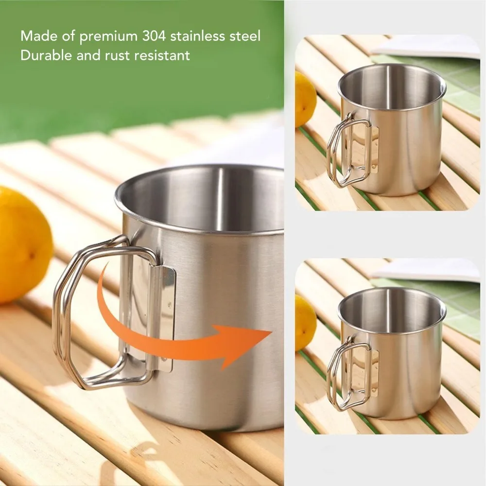 230ml/330ml Outdoor Cup Rustless Steel Practical Metal Drinking Mug Foldable Side Handle Sturdy Travel Tumbler Daily Drinking