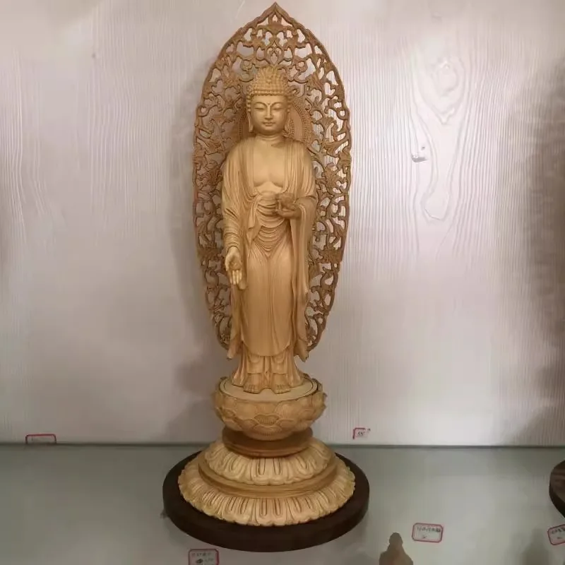 Hinoki Wood Carved Western Pure Land Trio Buddha Statues - Amitabha, Mahasthamaprapta, Avalokiteshvara Figures
