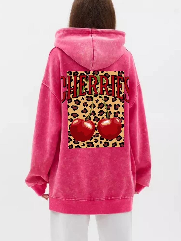 Vintage Womans Acid Wash Hoodies Fashion Leopard And Cherry Prints Pullovers Pocket Oversize Cotton Hooded Autumn Female Tops