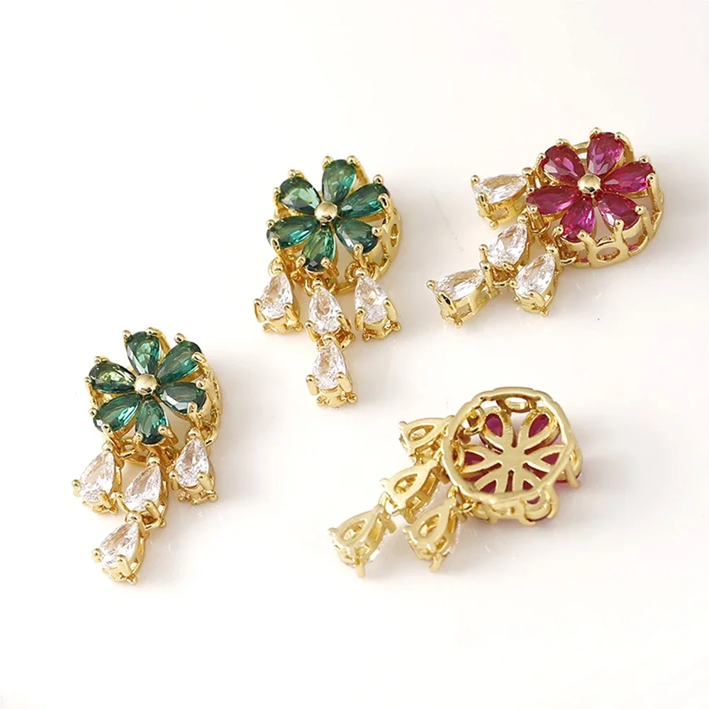 2 Pieces Copper Plated with 18k Gold Zircon Inlaid Water Droplet Flower Pendant DIY Jewelry Making Necklace Bracelet Accessory