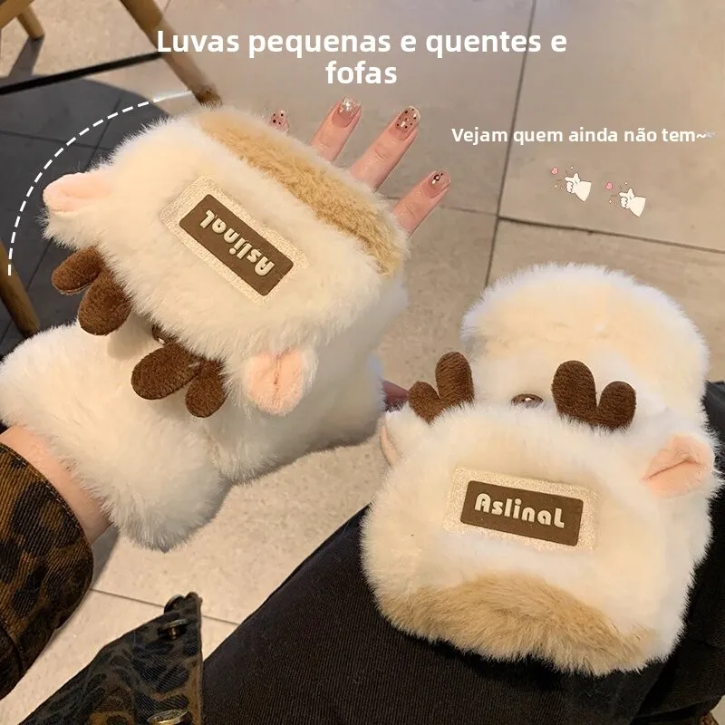 thick-plush-christmas-deer-antler-gloves-half-finger-warm-cute-winter-cycling-windproof-cold-proof-women's-gloves-unisex