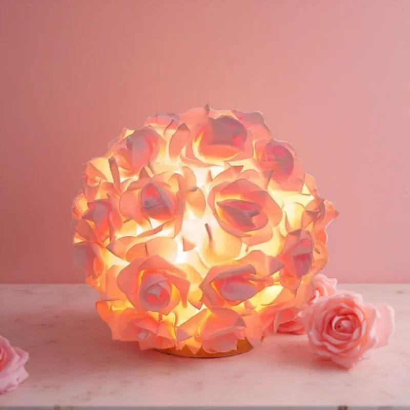 

Elegant Rose Flower Table Lamp - Romantic PE Rose Ball Night Light for Bedroom Wedding Decor Warm LED Bedside Lamp Gift for Her