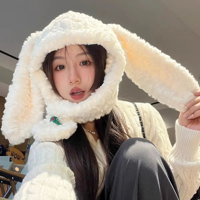 Ins Cute Rabbit Ears Plush Bomber Hats Women Autumn and Winter Outdoor Riding Warm Ear Protection Korean Casual Men\'s Caps