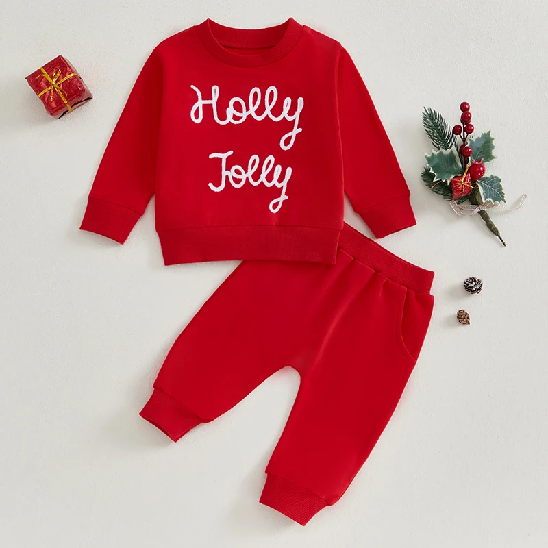 Toddler Boys Christmas Outfits Letter Embroidery Long Sleeve Sweatshirts and Long Pants 2Pcs Clothes Set