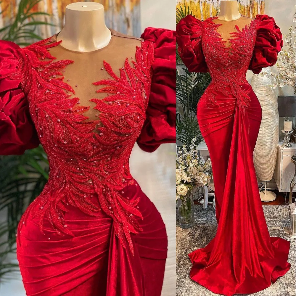 

African Red Velvet Evening Dresses Women Ruby Pleat Mermaid Pearls Appliques Beading Formal Party Prom Gowns Vestidos De Fiesta