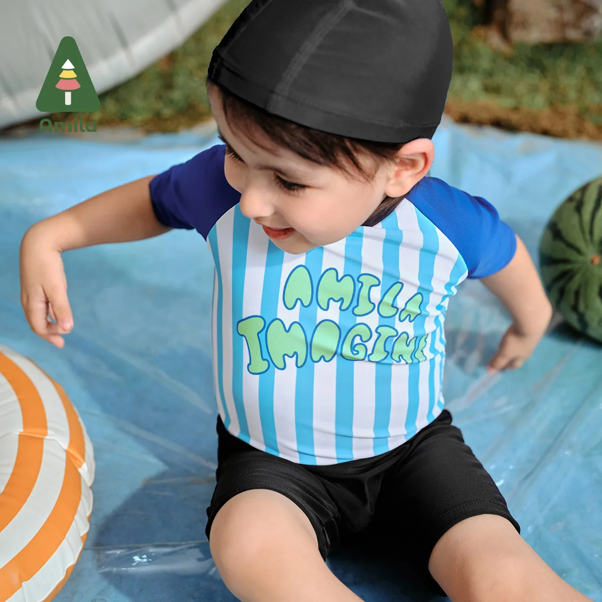 Amila Baby Buoyancy Swimsuit Summer 2024 New Streak Swimwear Kid One Piece Floating Rash Guards Bathing Boys Swimming Suits