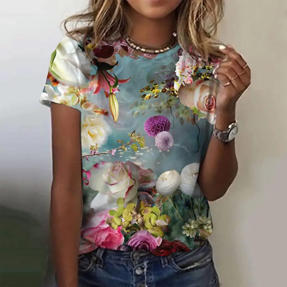 Camiseta floral 3D com gola em O feminina, camiseta feminina, tops casuais, Harajuku, manga curta, roupas femininas, moda, verão