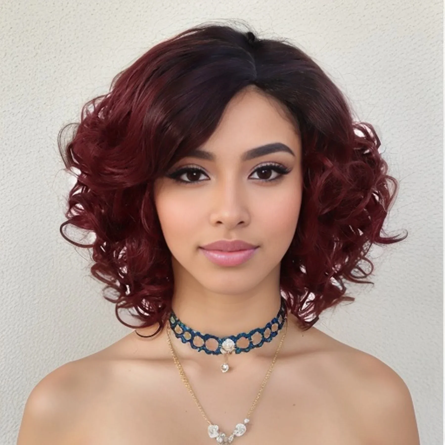 Rambut sintetis Wig Afro pendek Wig keriting besar untuk wanita Wig Ombre merah anggur ibu pendek rambut keriting lembut akar gelap rambut merah