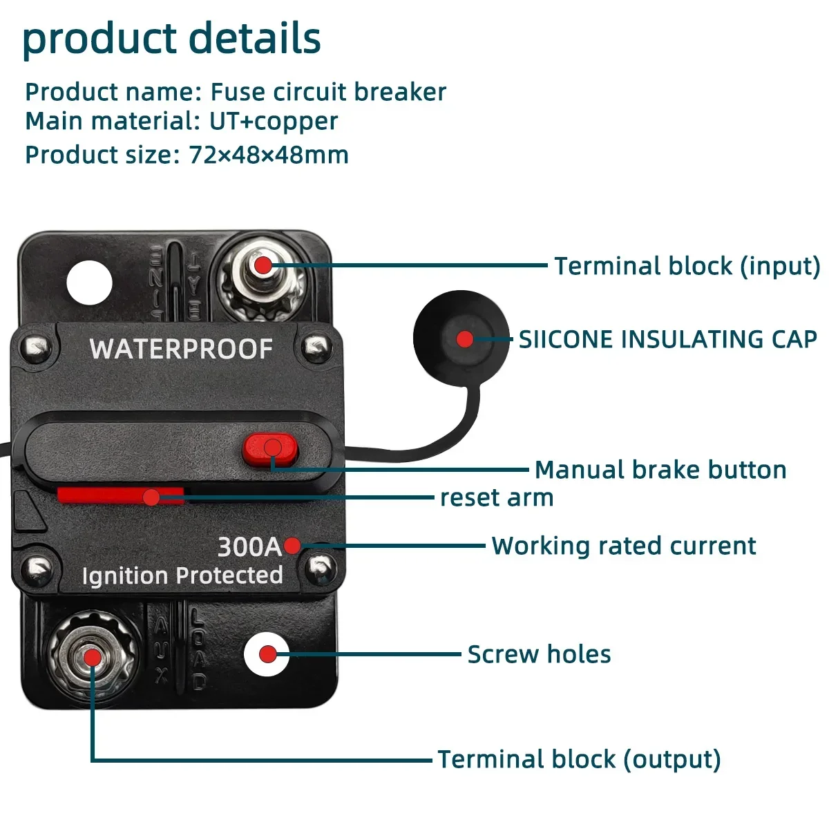 Disyuntor impermeable de alta calidad para coches, 30A to300A, 12V-48V, fusible de potencia con reinicio, 30A, 80A, 100A, 200A, 300A