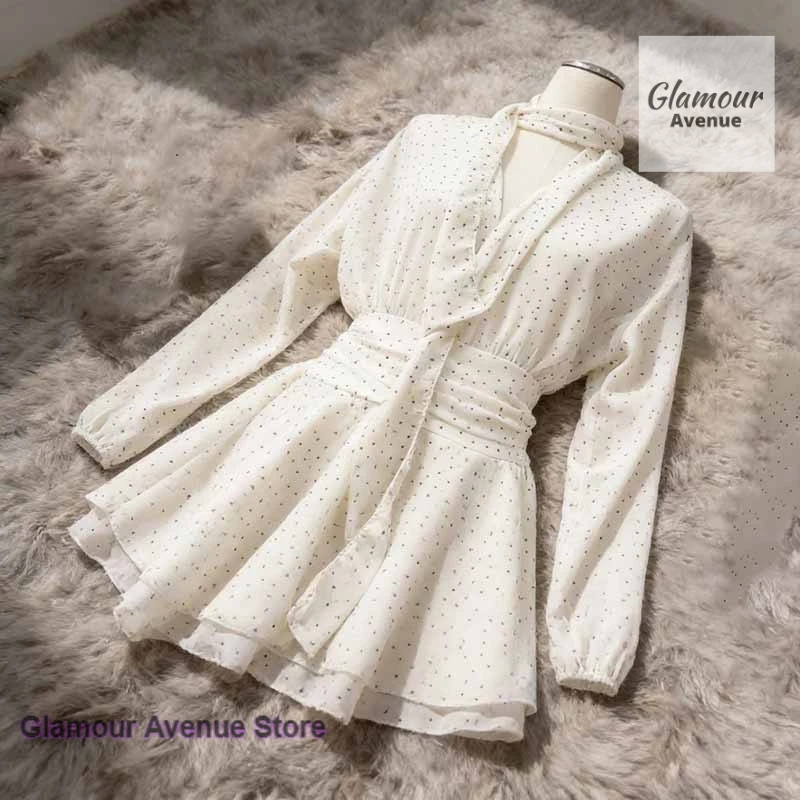

French polka-dot chiffon long-sleeved dress women's spring and summer new fashion temperament waist slim casual ruffled skirt.