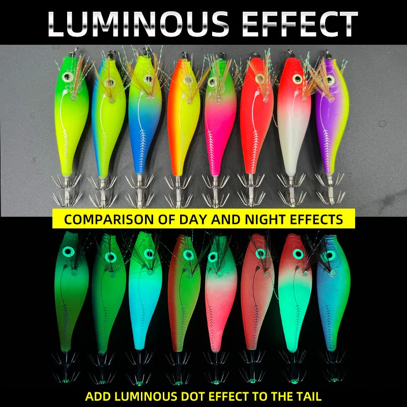 8 Colors/ Bag Luminous Squid Jig Lure Sea Fishing Wood Shrimp Lure Saltwater Cuttlefish Squid Jig Hook Bait Shrimp Wobbler Pesca