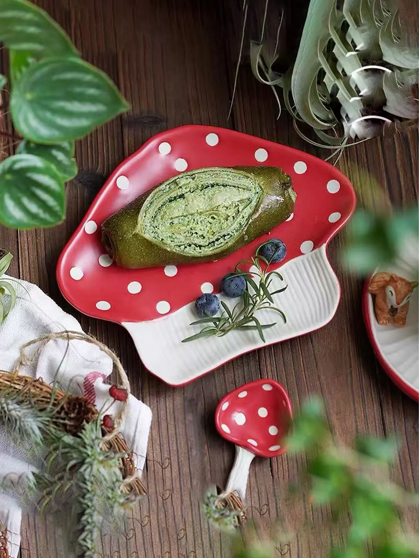 Cute and Fashionable Ceramic Bowl and Plate with Underglaze Color Design, Red Mushroom Style, 1 Piece