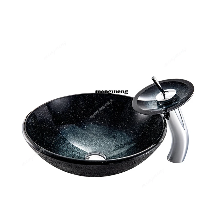 

Black star sky gradient Bathroom Washbasin Countertop Tempered Glass Basin Brass Faucet Set Brass Waterfall Faucet washbasin set