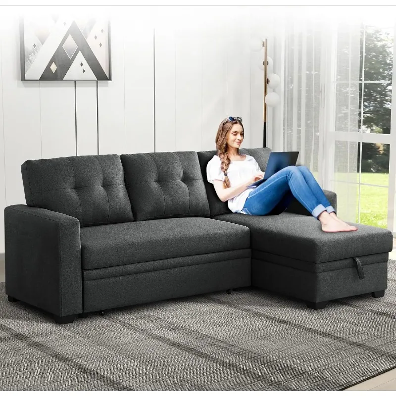 4-in-1 Convertible L Shaped Couch with Pull Out Bed and Storage Sectional Sleeper Sofa with Reversible Chaise for Living Room