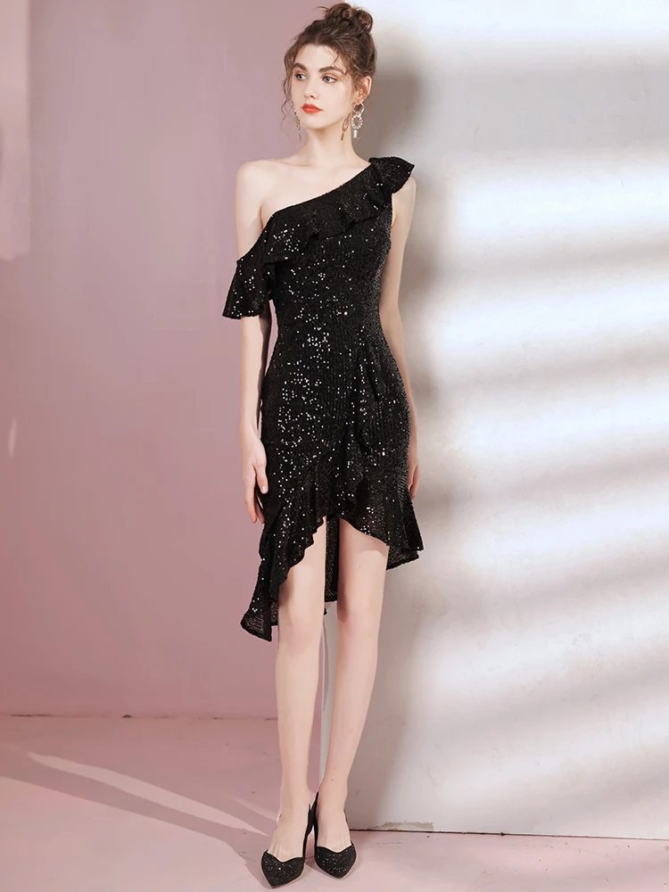 

Bla Single-oulder Fi-Tail Evening Gown Birthday Par Celebration ort Dr Faionable Mid-Waist Wedding Dr