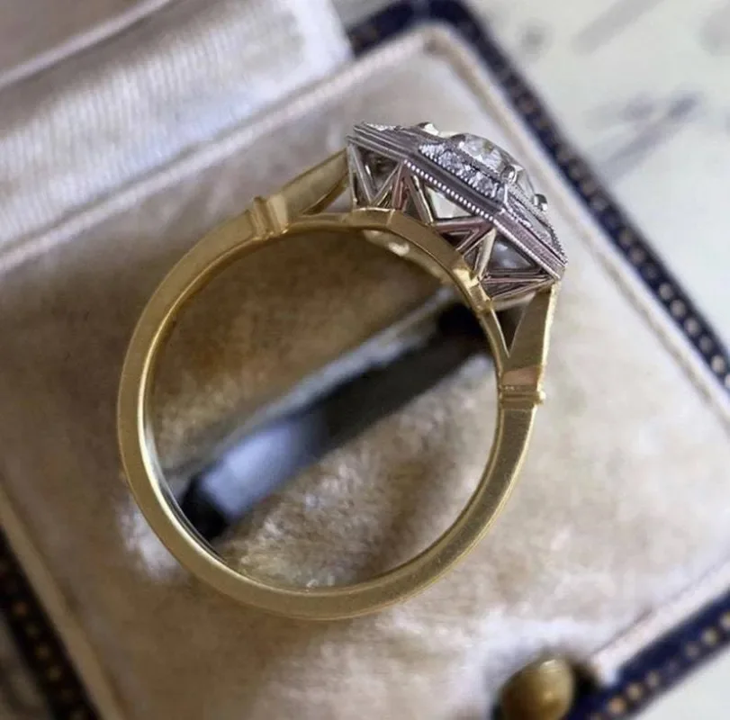 Copper Inlaid Zircon Octagonal Personalized Fashion Design Ring for Women