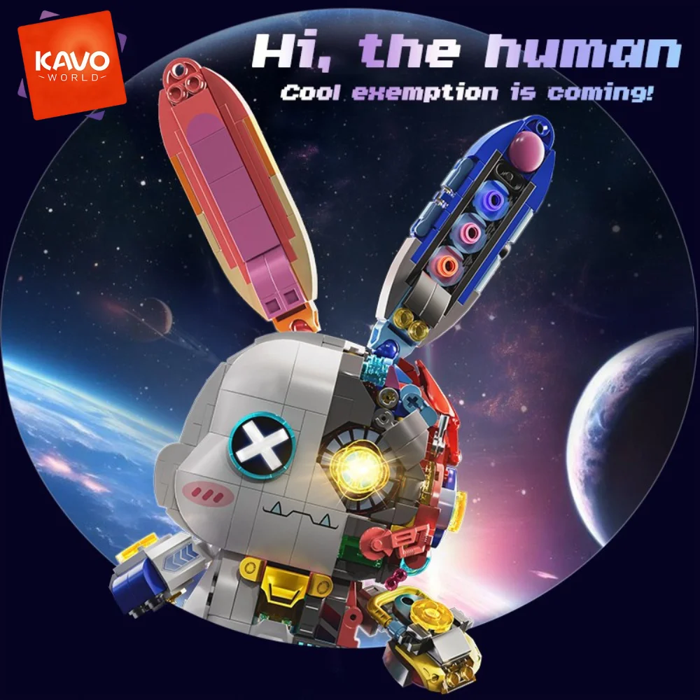 KAVOWORLD Cyberpunk Mechanical Rabbit Building Blocks Set LED Light Up Glow-in-the-Dark Bunny Bricks Kit with Gold-plated Parts Semi-transparent Disassembly Design Collectible Desk Decor for Teens Adults Birthday Christmas Gift 1377pcs view 6