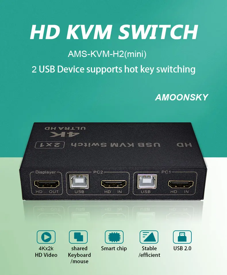 KVM Switcher AMS-KVM-H2 Compatible with Various USB Devices Switch Support One Click Quick Switching