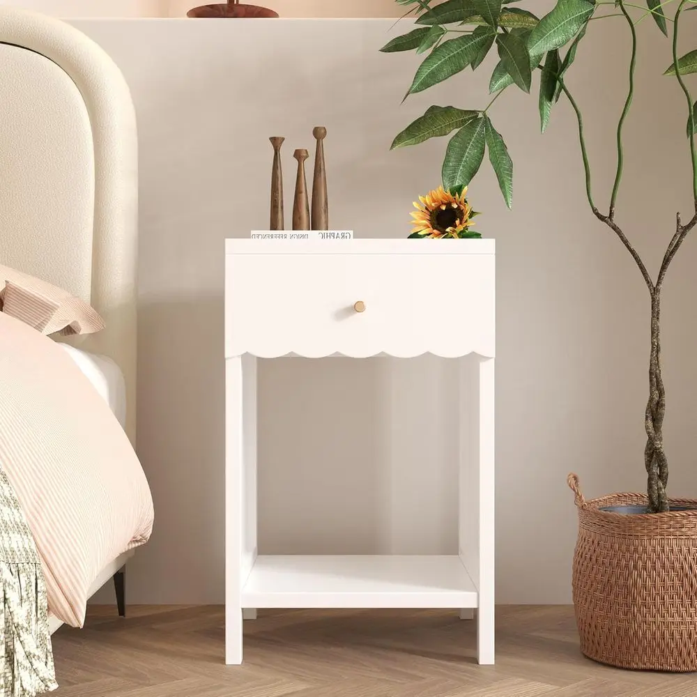 

Scalloped Edge Nightstand with Drawer and Open Shelf, Elegant Wooden End Table for Girls' Bedroom, Perfect for Preppy Room Decor