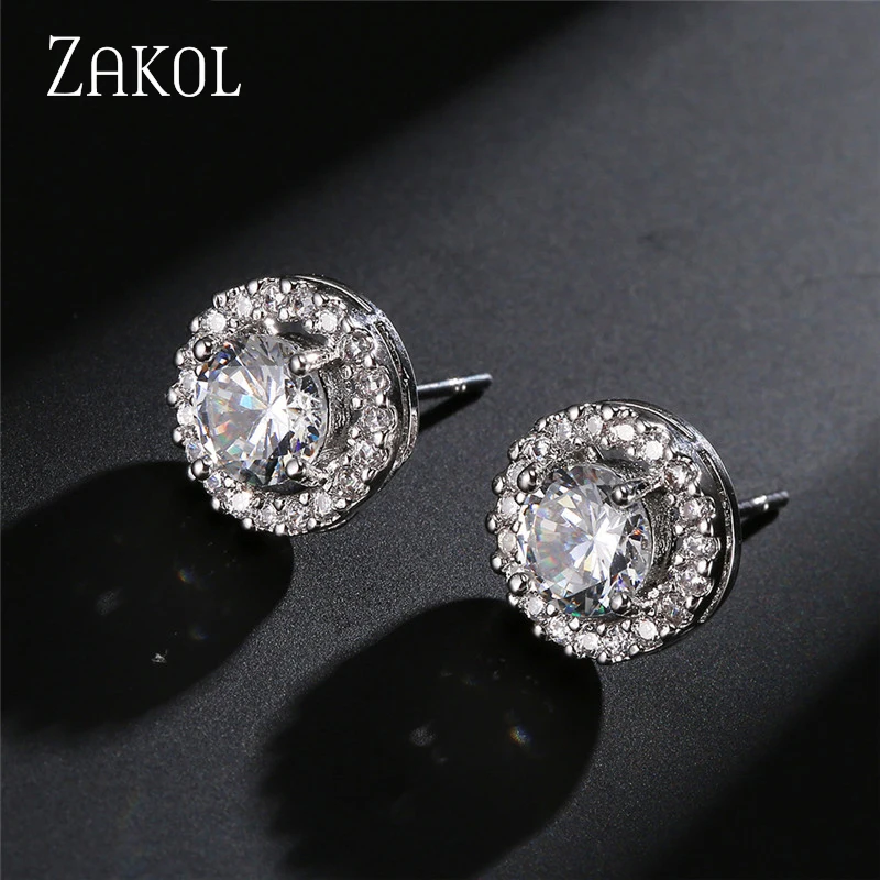 ZAKOL Fashion White Color Hearts & Arrows Stud Earrings For Women Wedding Elegant AAA Zircon Crystal Round Jewelry FSEP038