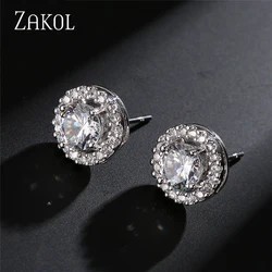 ZAKOL Fashion White Color Hearts & Arrows Stud Earrings For Women Wedding Elegant AAA Zircon Crystal Round Jewelry FSEP038