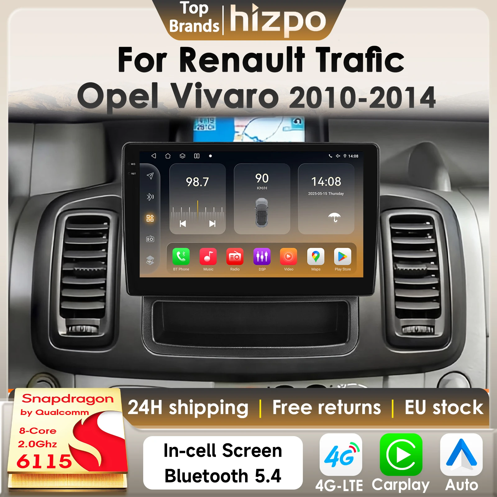 Autoradio Android 14 2Din Hizpo per Renault Trafic e Opel Vivaro 2010-2014, GPS Multimediale per Auto, 4G Carplay con Snapdragon6115