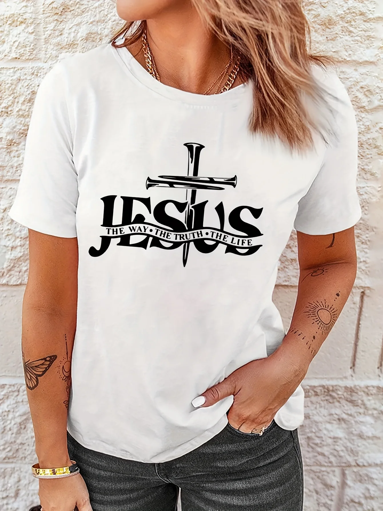 Jesus Is Essential Yesterday Today Forever Letter Print T-Shirt Women's Crew Neck Short Sleeve T Shirt Y2k Tees Tops Clothes 90s