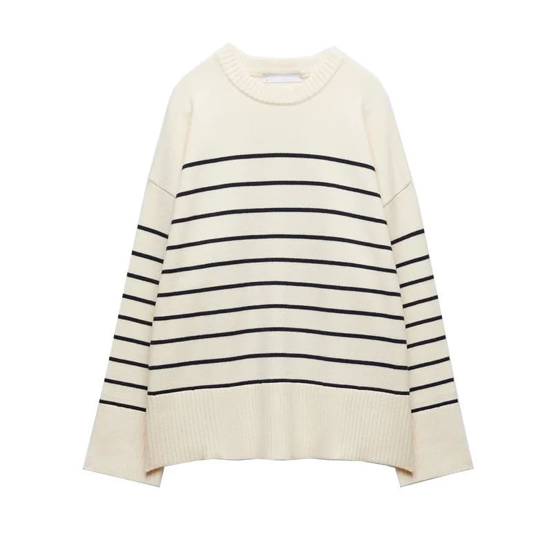 

Spring New Loose Lazy Sle round Ne Long Sve Striped Knitwear Knitted Sweater with Slit Design Commute Sle Woolen Blend