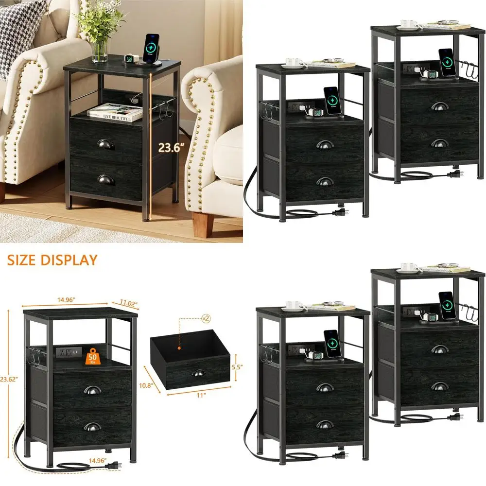 

Пара прикроватных тумбочек из черного дуба с зарядной станцией, USB-портами, тканевыми ящиками, полкой для хранения и крючками для гостиной/спальни