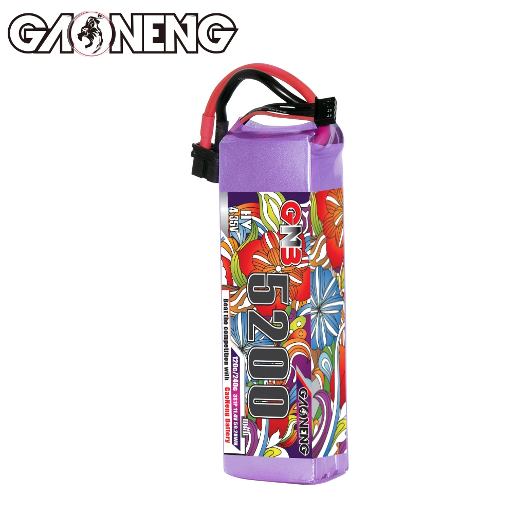 GAONENG GNB LiHV 3S 11.4V 5200mAh 120C lithium battery with XT60 plug, suitable for FPV drones and remote control vehicles.