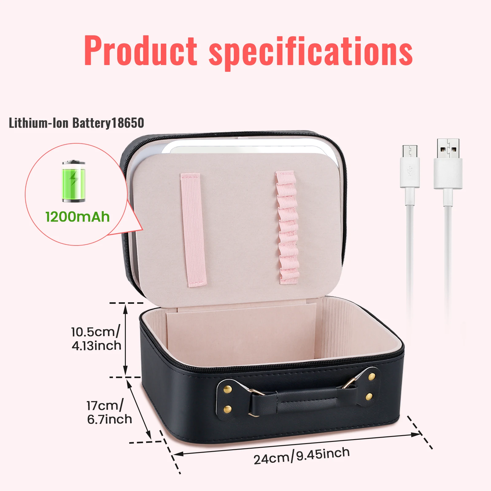 LED Lighted Cosmetic Case Mirror Makeup Storage Bag Portable Travel Waterproof PU Leather Adjustable luminance Large Capacity